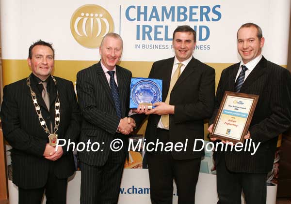 James Mills of O2 (sponsors) presents the Innovation in Business award to Stanley Jackson of Jackson Engineering, Castlebar included on right is Florent Borotto, Jackson Engineering and on left John Shaughnessy, Castlebar  Chamber of Commerce. Photo:  Michael Donnelly