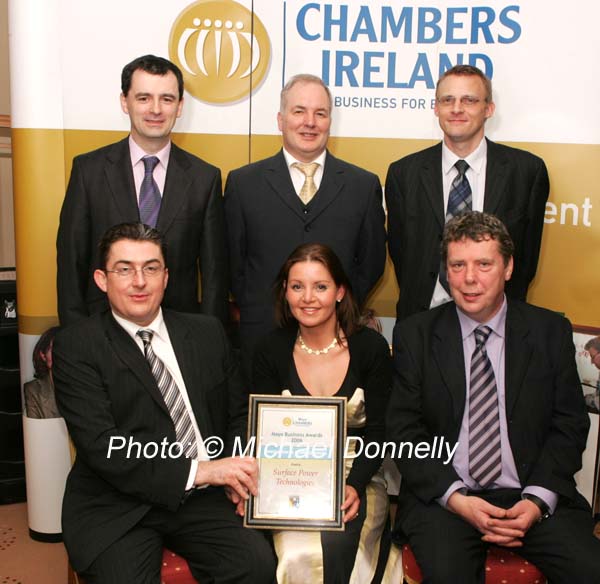 Surface Power Technologies, Tourmakeady were Finalists in the Mayo Business Awards 2006 pictured at presentation night in the Broadhaven Bay Hotel, Belmullet, Front from left:  John Quinn, Deborah Sweeney, and Matt Neary; at back: Charlie Clarke, Pat Cafferkey, and Padraig Walsh. Photo:  Michael Donnelly