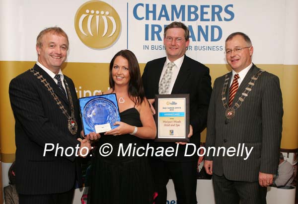 Councillor Gerry Coyle, cathaoirleach Mayo Co Council (sponsors) presents the Best Environment Award to Joane McEniff and Michael Lennon of Westport Woods Hotel and Spa included on right is Owen Hughes, President Westport Chamber of Commerce. Photo:  Michael Donnelly