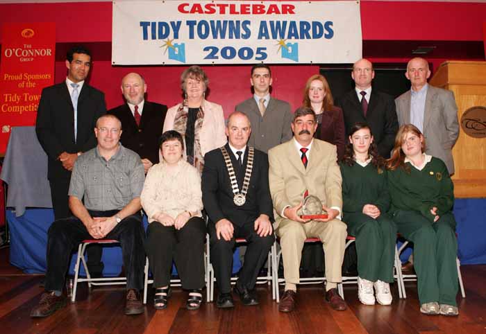 Davitt College Castlebar were the Overall winners in the Secondary Schools section of the Castlebar Tidy Towns Competition pictured at the presentation of prizes in the TF Royal Hotel and Theatre Castlebar, front from left: Cllr Eugene McCormack, Celia Webb, Committee; Cllr Blackie Gavin, Mayor of Castlebar Town Council, Seamus Swift, teacher Davitt College, Maria Devine and Lisa Carroll, Davitt College; At Back : Tony Neutze, Manager SuperValu Castlebar (sponsors); Cllr Michael Kilcoyne, Anna O'Malley Dunlop, An Taisce; Ronan Ward, Chairman Castlebar Tidy Towns, Karol Donnelly, Michael Mullahy SuperValu/Tidy Town committee and Cllr. Kevin Guthrie.  Photo: Michael Donnelly.